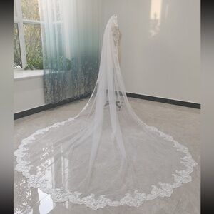 Ivory Cathedral Length Wedding Veil, Lace Edge